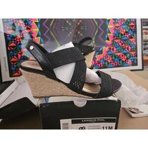“London Fog” size 11 M , Woven Textile Sandals Pickwick BLACK Wedge Heel (Trl8)